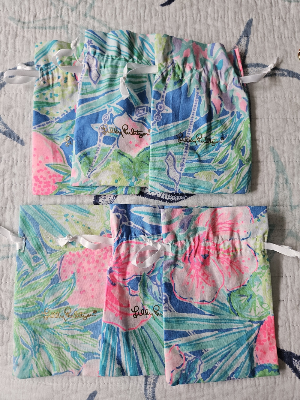 Lilly Pulitzer Tropical Floral Drawstring Pouches in Pink, Blue, Green, Set Of 6